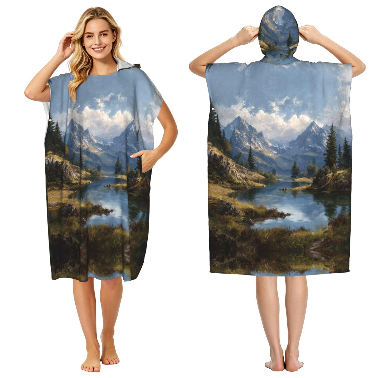 ESNAIUVCD Lakes And Mountains Print Changing Robe, Hooded Towel Poncho For Swimming Pool, Beach,Quick Dry & Light Weight Towelling Poncho For Adults Women Men