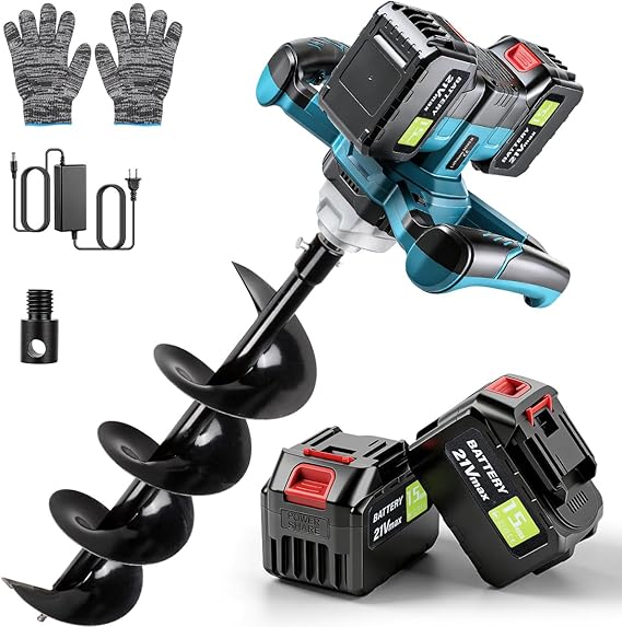Cordless Earth Auger,Post Hole Digger,Electric Earth Auger,Includes 1twist drill bit with two batteries and one charger,With forward/reverse function，for Post Hole Digging, Drilling,Tree PlantingPlant