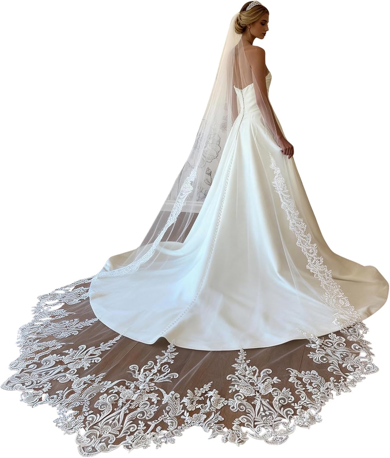 Kelaixiang Embroidered Lace Bridal Veil with Ornate Floral Patterns, Long Satin-Trimmed Wedding Veil for Bride