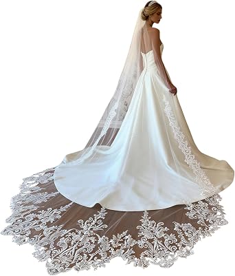 Embroidered Lace Bridal Veil with Ornate Floral Patterns, Long Satin-Trimmed Wedding Veil for Bride