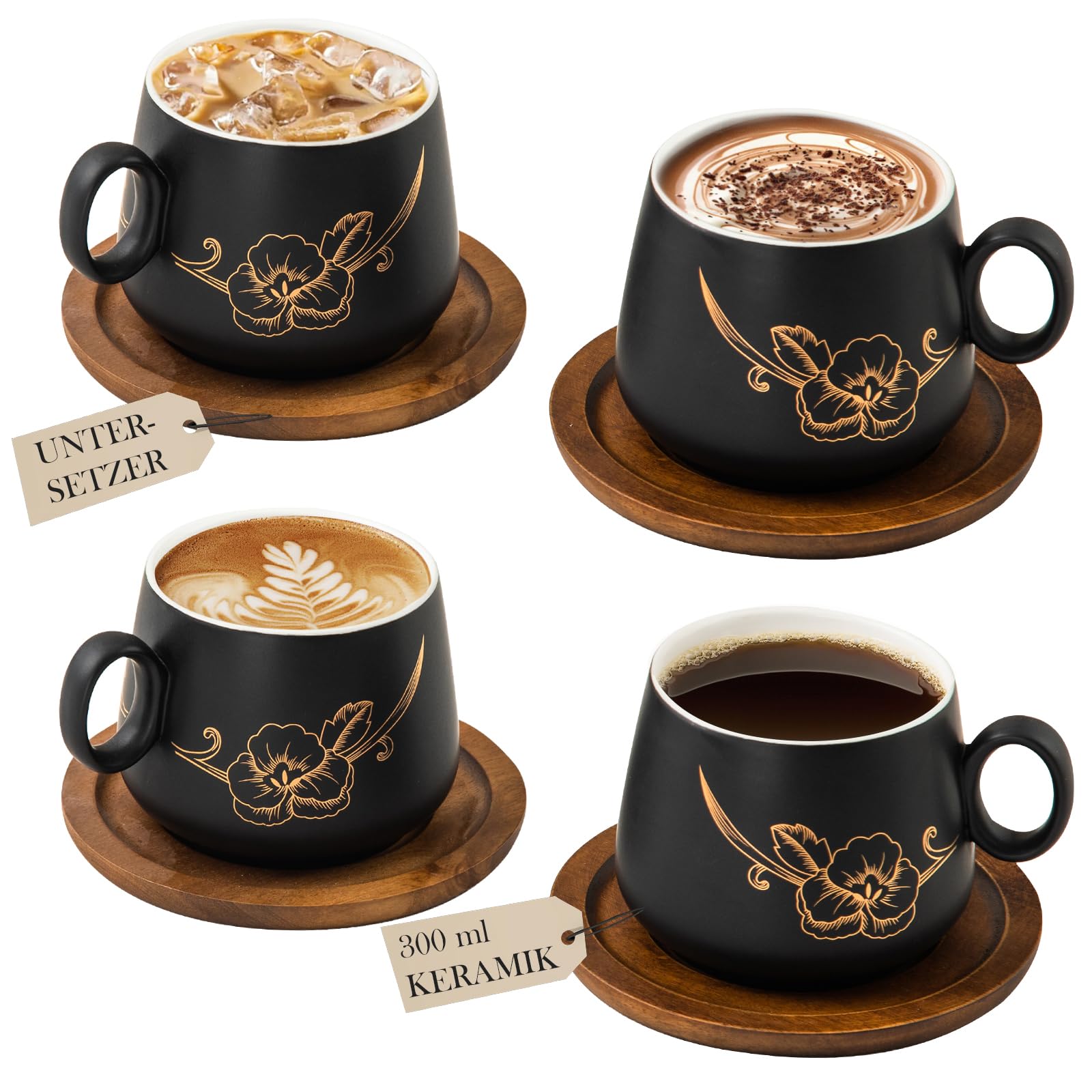Yundu Matte Black Ceramic Cappuccino Cups Set of 4-300 ml Cappuccino Cups with Wooden Coasters & Golden Flower Design, Coffee Cups Set with Saucer for Latte Art, Espresso Cups, Tea