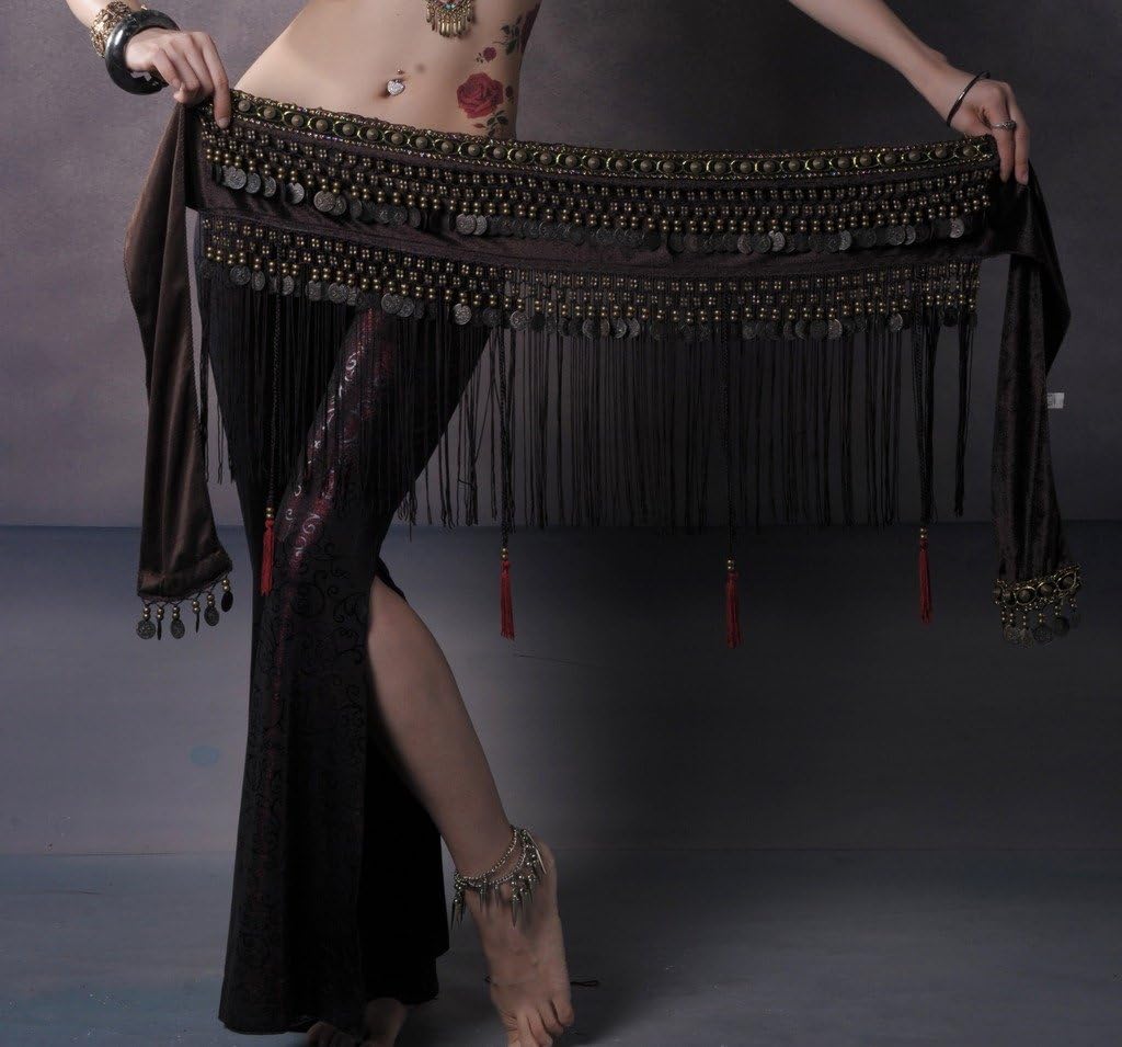 Women's Belly Dance Tribal Hip Scarf with Fringe Coins Flannel - Image 4