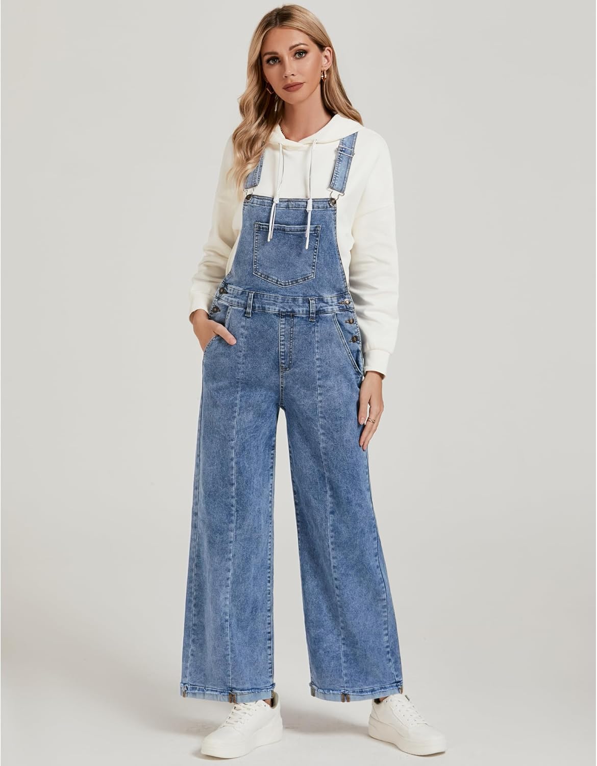 Vetinee Womens Overalls Denim Loose Fit Wide Leg Bib Stretch Baggy Jeans Jumpsuit Y2K Comfy - Image 4