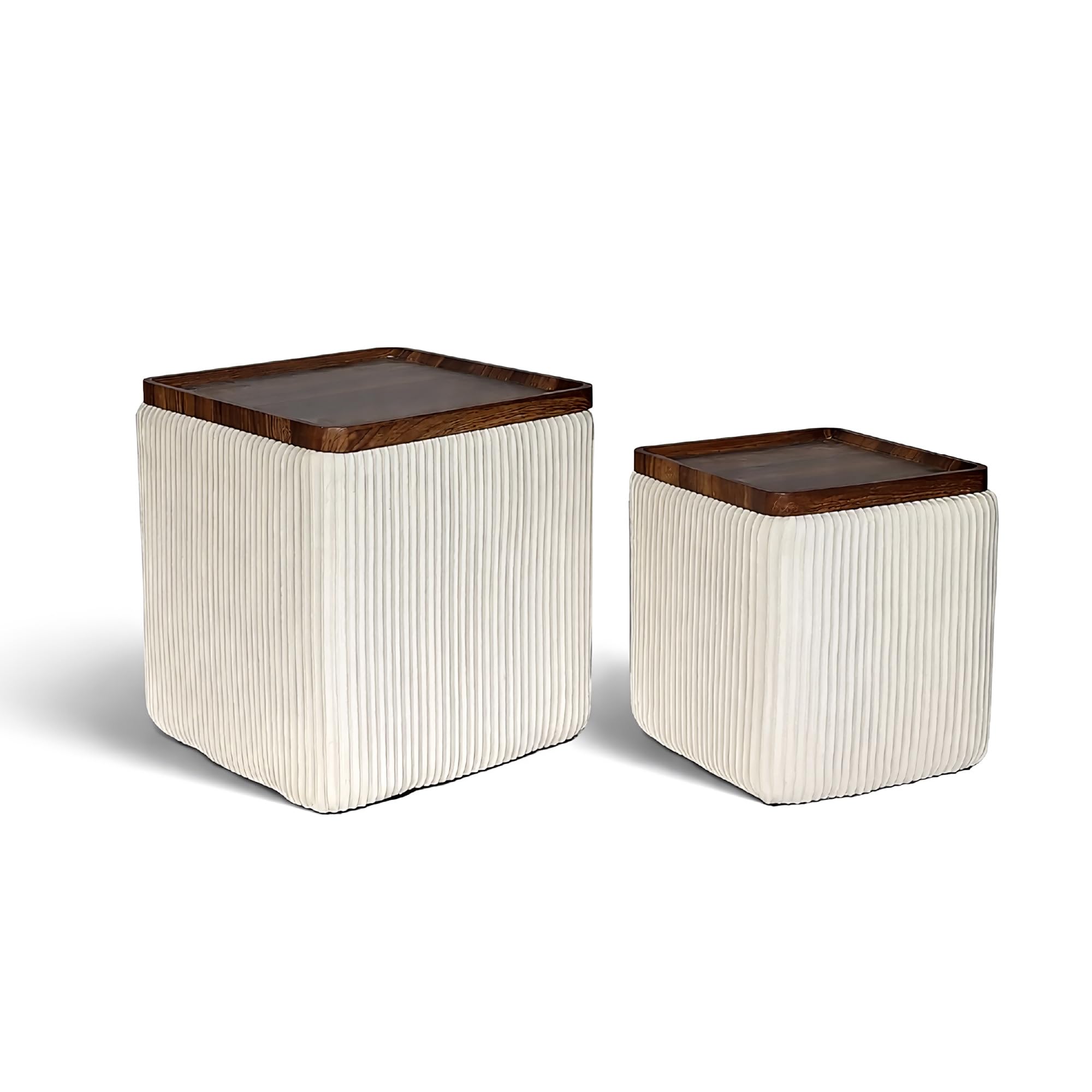 IlGruppone Set 2 Pouf Contenitore Quadrati in Velluto con Coperchio in Legno, Tavolino da Salotto Moderno, Pouf Contenitore Salvaspazio, Seduta Imbottita, Pouf Poggiapiedi - Beige