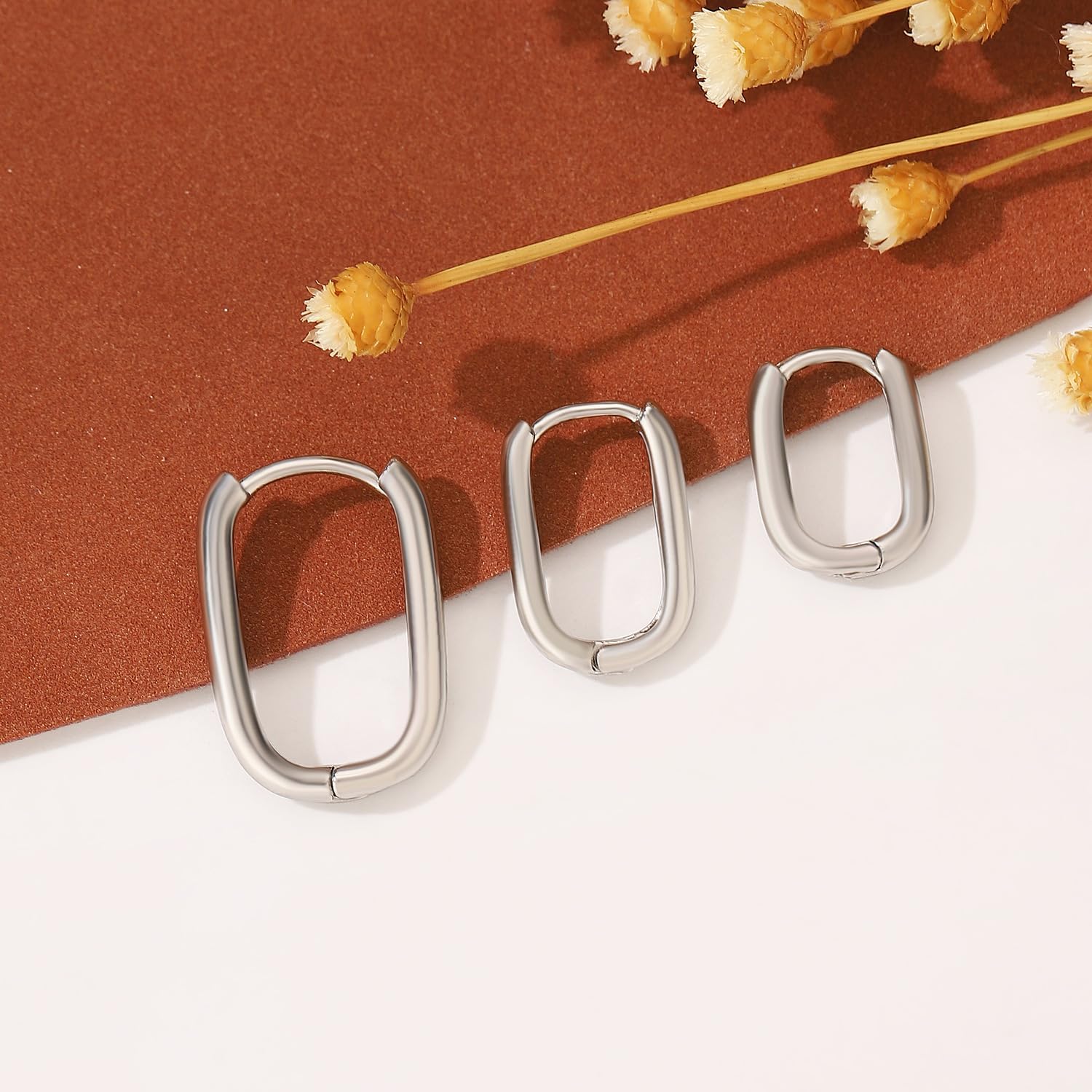 3 Pairs Chunky Gold Hoop Earrings Sets for Women Gold Hypoallergenic Oval Huggie Earrings Lightweight Thick Rectangle Hoop Earrings Trendy Jewelry for Women - Image 4