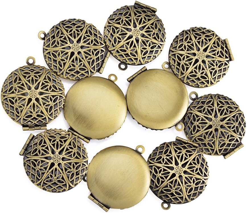 10Pcs/Set Antique Bronze Filigree Photo Locket Aromatherapy Essensial Oil Diffuser Pendant Charms