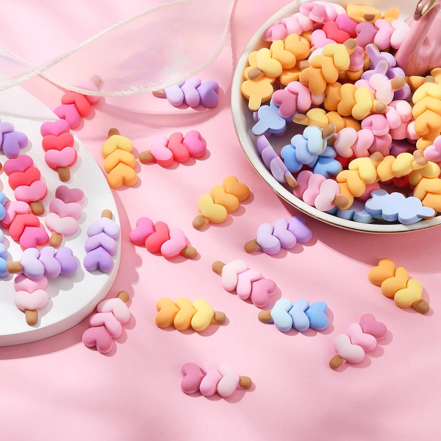 LiQunSweet 200 Pcs Mixed Color Cute Opaque Resin Imitation Food Cabochons Beads Pink Ice Cream with Heart Nohole Beads Charms for DIY Jewelry Making
