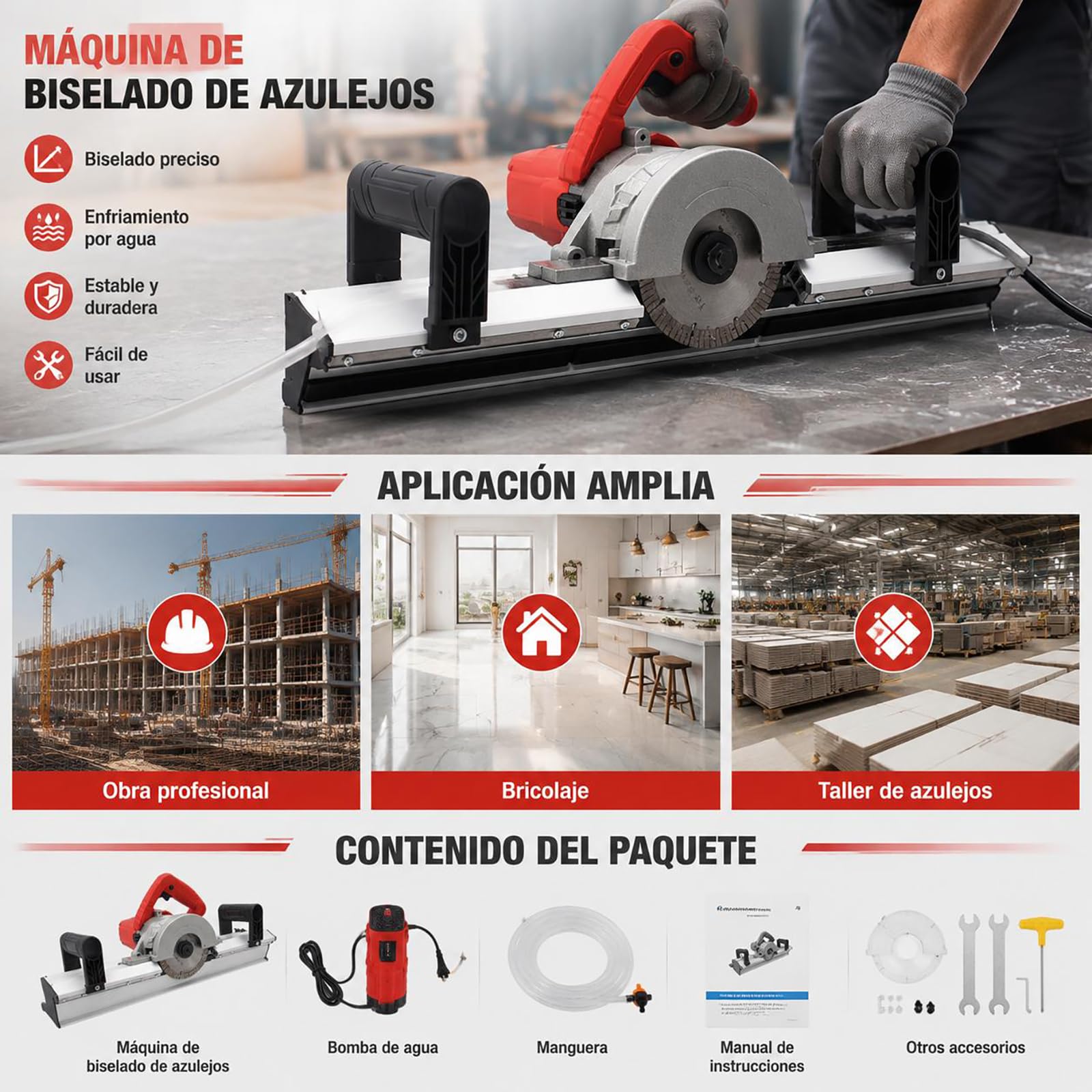 Cortador de azulejos de 1200 W, cortador de azulejos eléctrico, biselado estándar de 43 grados, 13000 r/min, 3,8 m de largo tubo de agua para una amplia gama de azulejos y es una herramienta