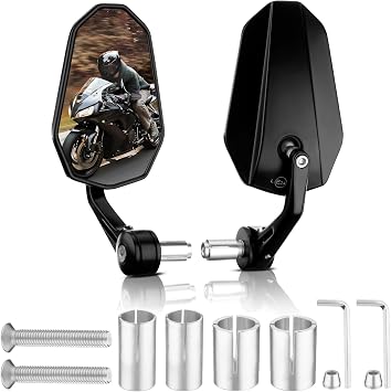 Motorcycle Mirrors 7/8" Bar End Rearview Universal 2PCS | 360 Rotatable Motorbike Side Wing Mirror, CNC Aluminum Body, E-MARK, Extension, Anti-Vibration, Clear View, 2PCS