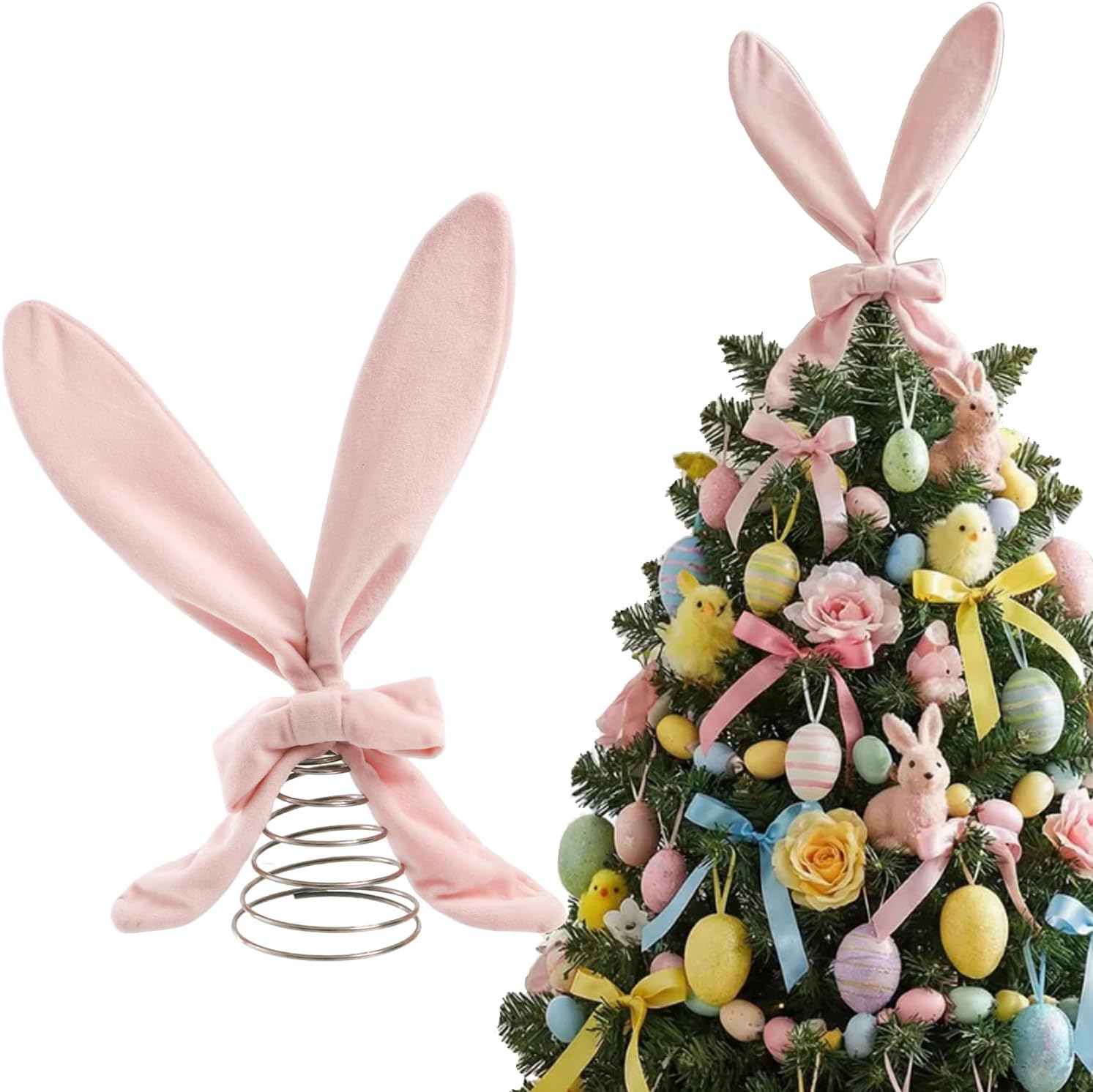Large Easter Tree Topper Furry Easter Bunny Ears Tree Top with Metal Spiral Base Creative Rabbit Tree Decor Easter Decoration