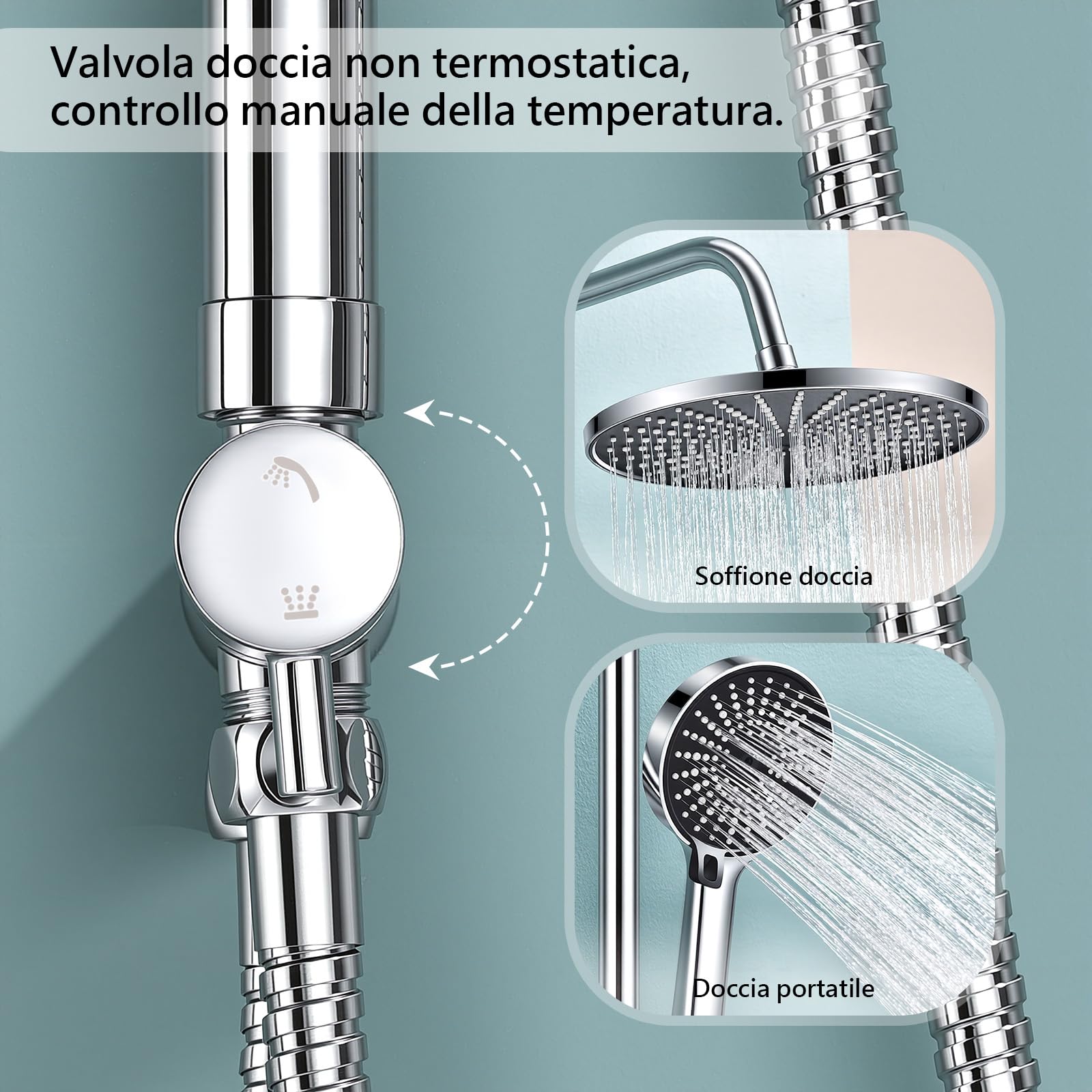 Kit doccia senza rubinetto regolabile in altezza Soffione a pioggia rotondo 26 cm e doccetta manuale 3 getti Acciaio inossidabile installazione rapida