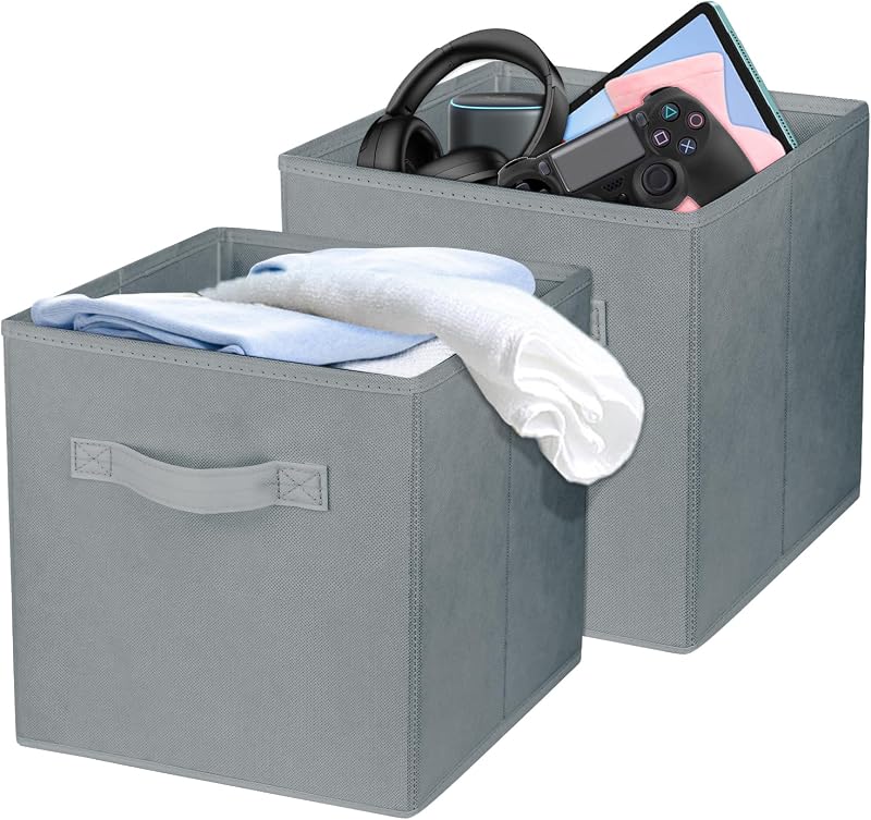 2 Pcs Storage Cubes, 10.5 Inch Collapsible Storage Bins, Fabric Foldable Bins for Organization, Durable Storage Bins for Closet, Shelves, Offices (Grey) | [Grey] [For Organization, Durable Storage Bins for Closet, Shelves, Offices]
