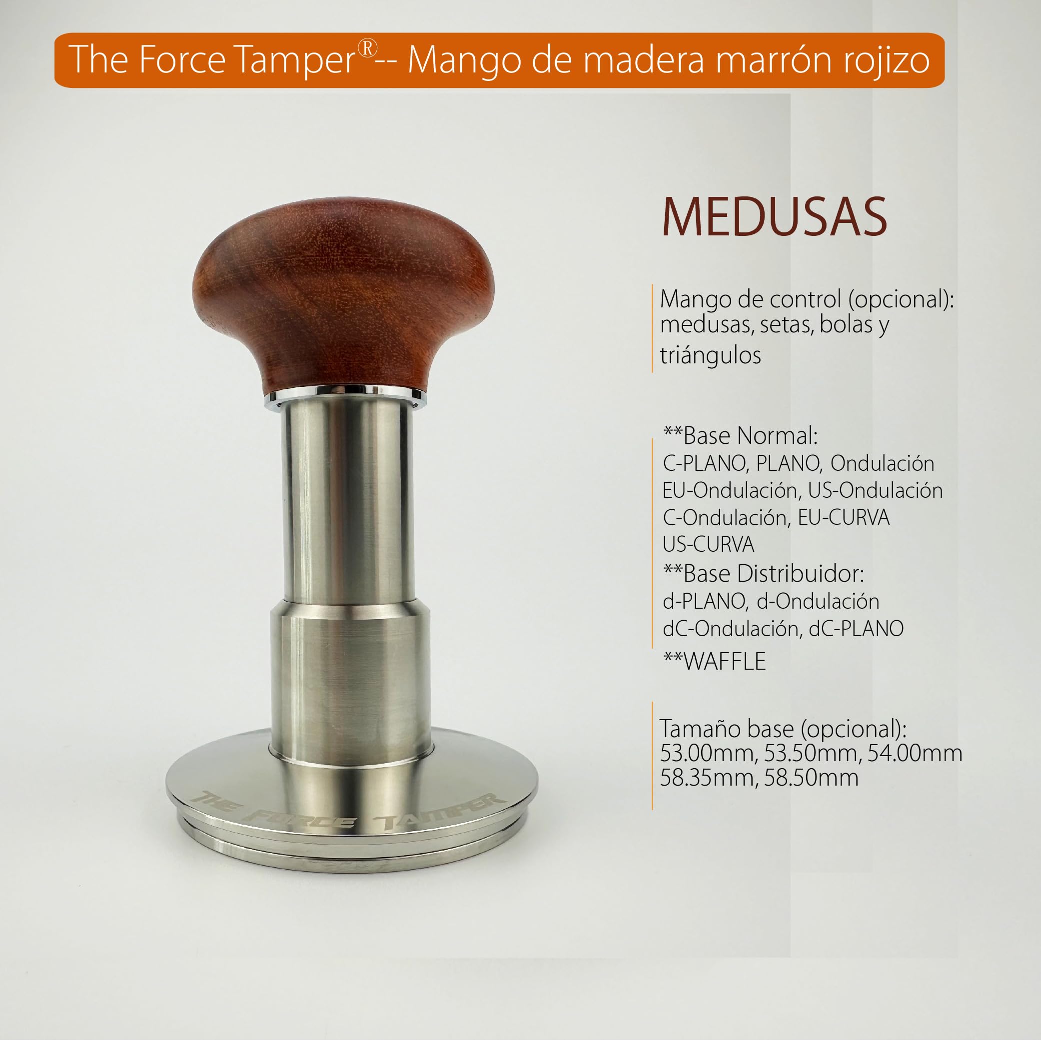 KuGuo The Force Tamper Impacto Auto Presión constante ajustable y nivelación automática Tamper de café Medusa marrón rojizo Mango de madera Set Pro (58.50mm, Extender conjunto)