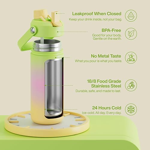 Miniatura 859 de ENCOOL Botella de agua aislada con popote, de acero inoxidable, a prueba de fugas, sin BPA, al vacío de doble pared que se mantiene fría durante 24