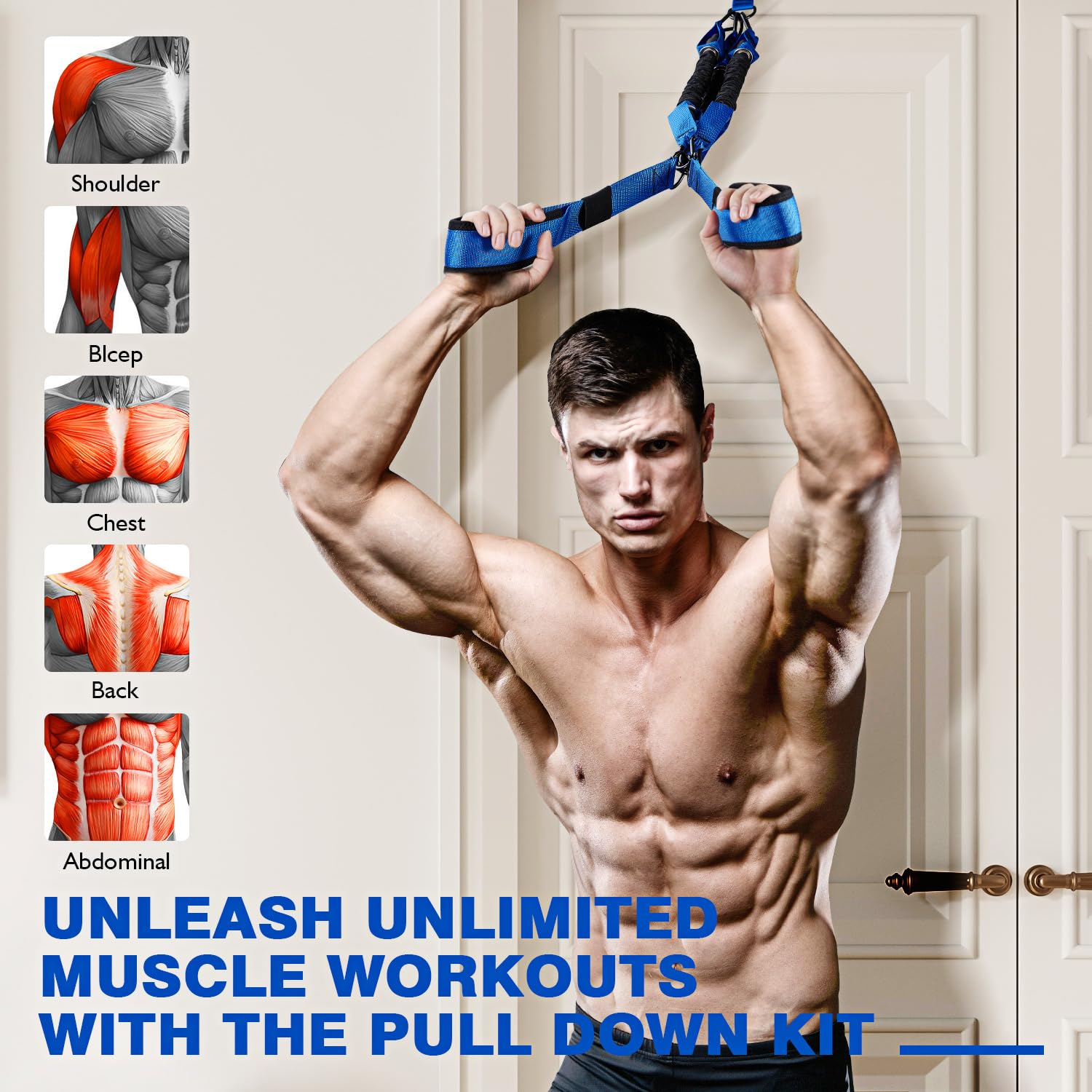 Home Gym Workout Equipment, Heavy Resistance Bands with Handles, Door Anchor, Tricep Rope Pull Down Attachment for Triceps, Biceps, Arms, Chest, Back, Abs Exercise, Best Replacement for Cable Machines
