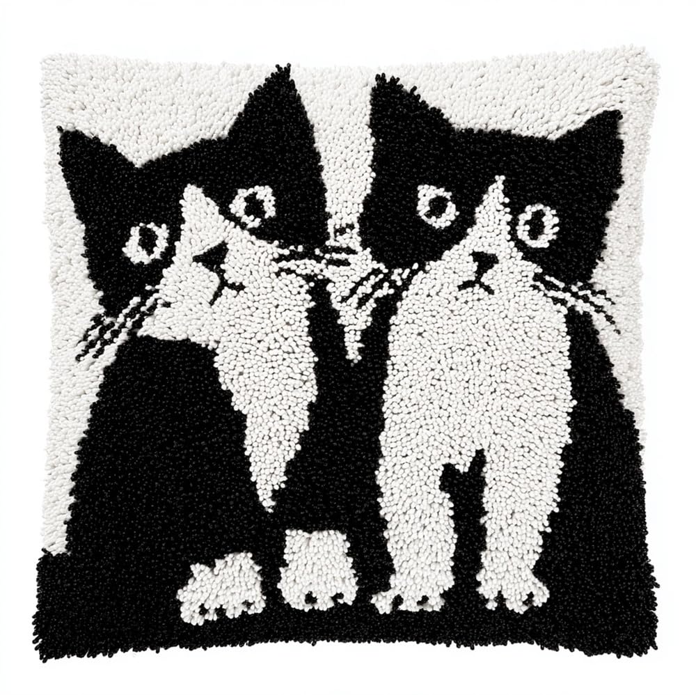 Kitphoenix Two Black And White Cats Latch Hook Kits Pillow