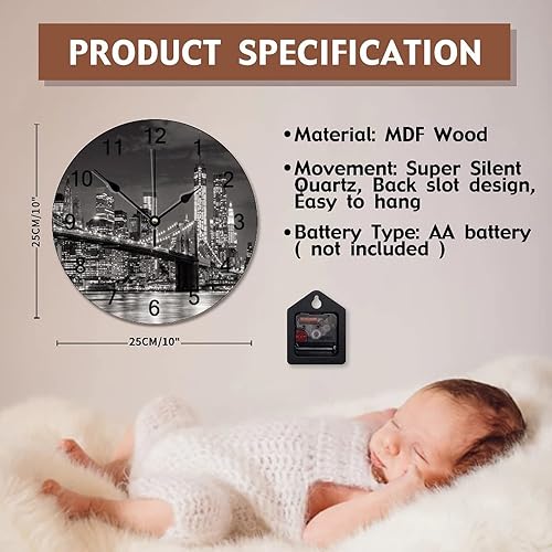Miniatura 7 de Brooklyn Bridge - Reloj de pared iluminado con diseño de horizonte de la ciudad de Nueva York, 10 pulgadas, funciona con pilas, reloj de pared