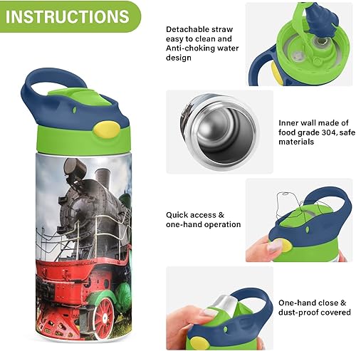 Miniatura 5 de Locomotive - Botella de agua para niños y niñas, con tapa con pajilla, vaso reutilizable de acero inoxidable aislado para niños y niñas, 12 onzas,