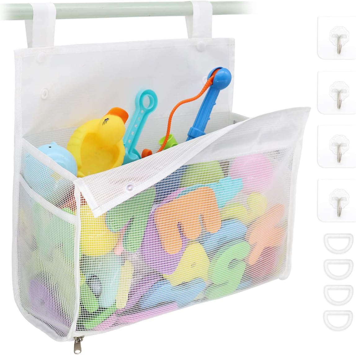 Bath Toy Organizer Multiple Ways to Hang, Extra Large Opening Bathroom Toy Holder, Bottom Zipper Bathtub Toy Storage Bag (White)