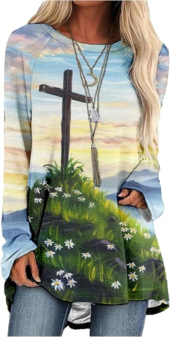 Bengbobar Womens T Shirt Tee Christian T Shirts Graphic Cross Faith Vintage Oil Painting Jesus Long Sleeve Pullover Tops