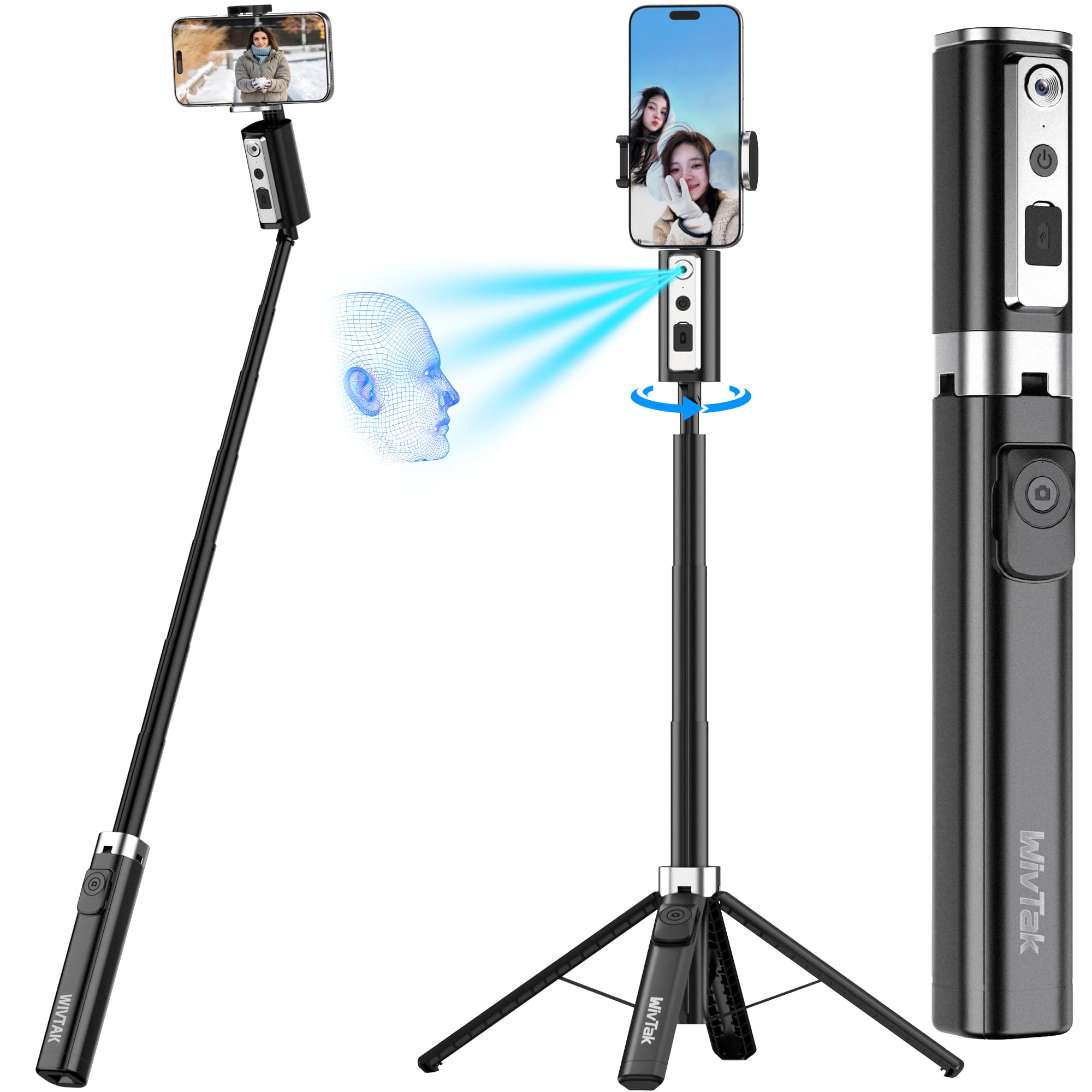 Trípode de palo selfie de seguimiento facial automático para iPhone, rotación de 360 grados que sigue la cara y el movimiento (1 soporte para teléfono 3 en 1)