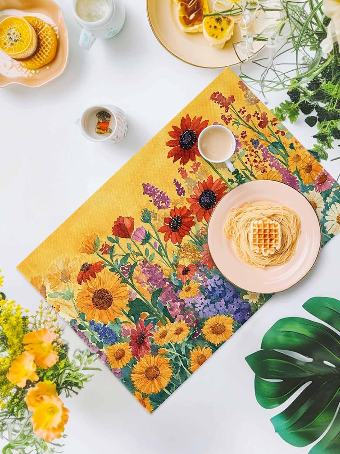 Colorful Sunflower Placemats for Dining Table Set of 12, Farmhouse Botanical Floral Linen Cloth for Square/Rectangle/Round Table Mat Placemat, Kitchen Dinner Holiday Décor