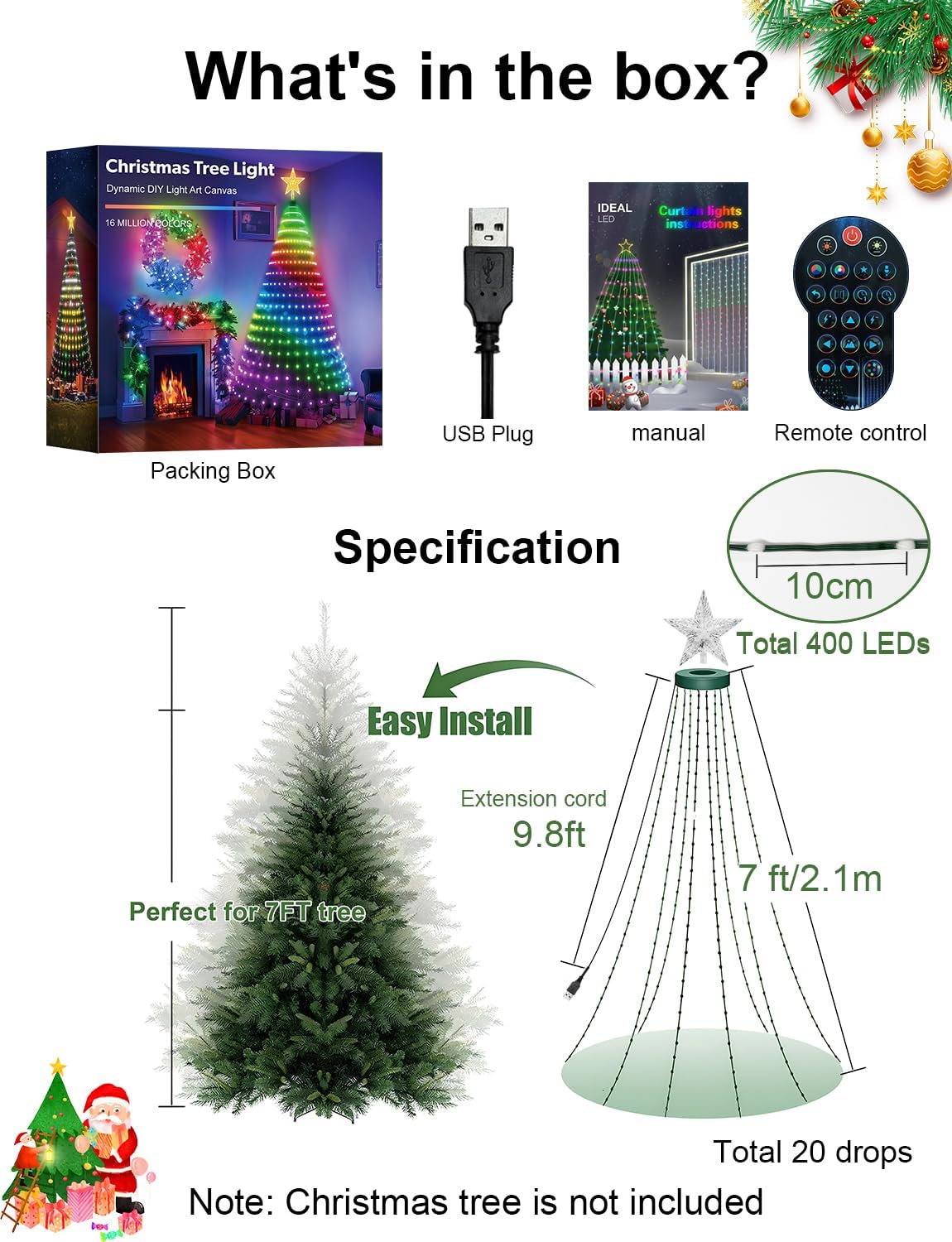 Super RGB Smart Christmas Tree Lights 7FT 400LED, DIY Color Changing Waterfall Xmas Tree Lights with Ring & Top-Star, Remote & APP Control, RGB-IC Dynamic String Light, Music Sync for Indoor Decor