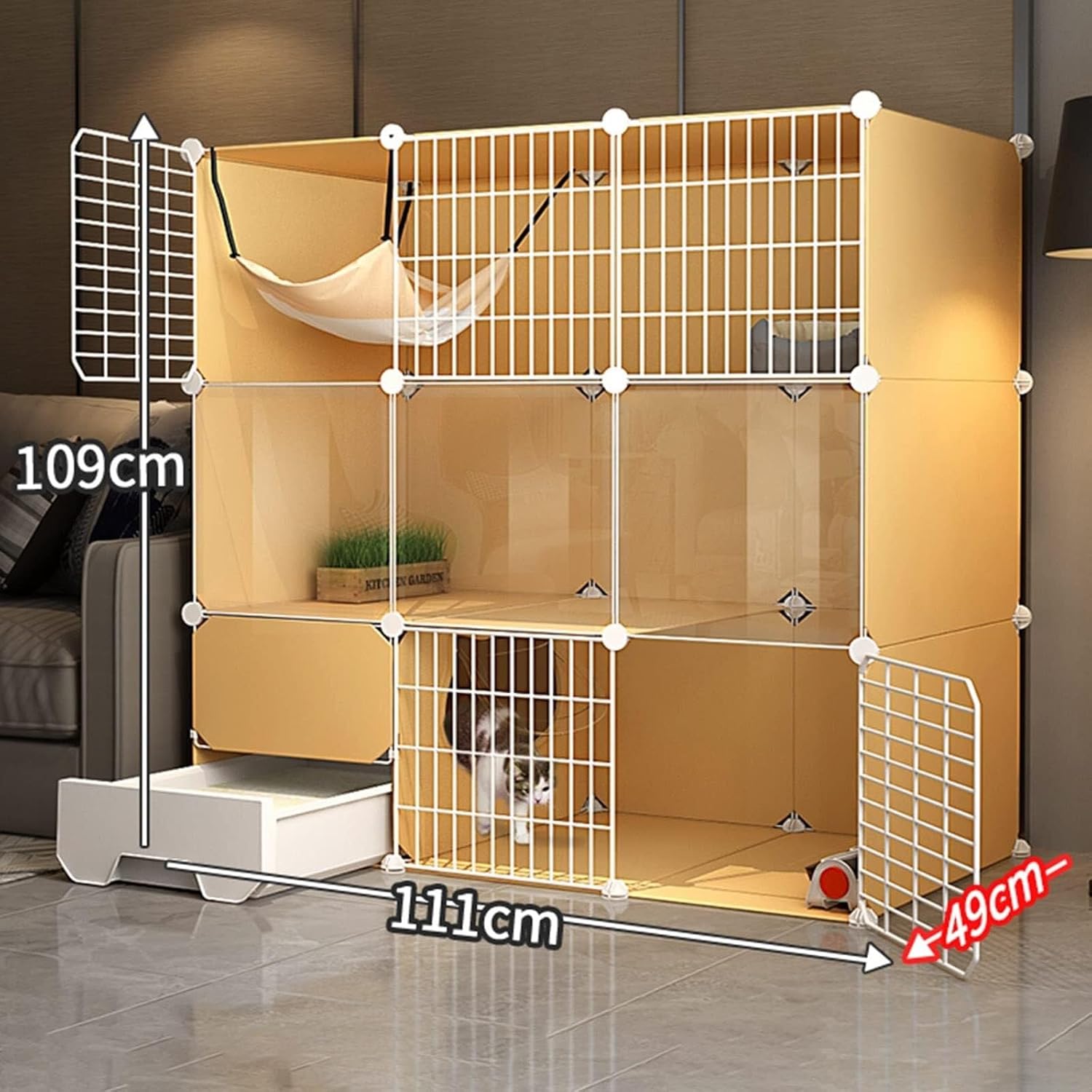 3-Tier Indoor Cat Kennel with Enclosed Litter Box, Large DIY Metal Cat Playpen for Kittens & Small Animals(C1,111 * 49 * 109cm)