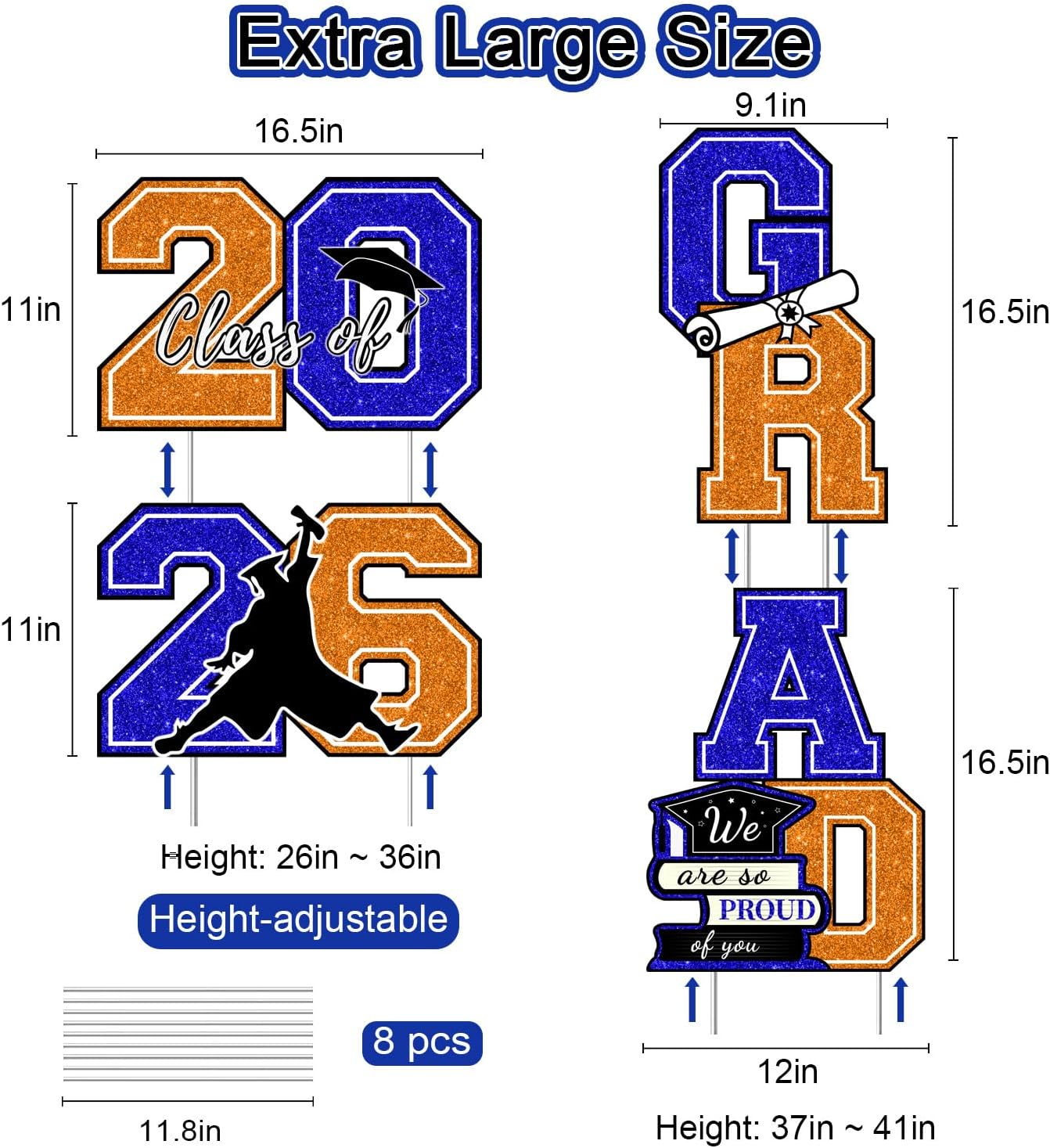 Graduation Yard Signs Class of 2026 Orange and Blue Graduation Decorations - 4 PCS Large Size Glittering Congrats Grad Outdoor Lawn Decor with Stakes - College High School Party Supplies