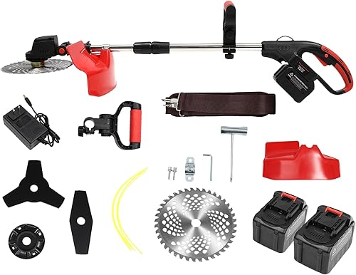 Miniatura 5 de Recortadora de malezas inalámbrica, funciona con pilas, 21 V, ligero, desbrozador de malezas inalámbrico con 2 baterías, cargador, cuchillas de