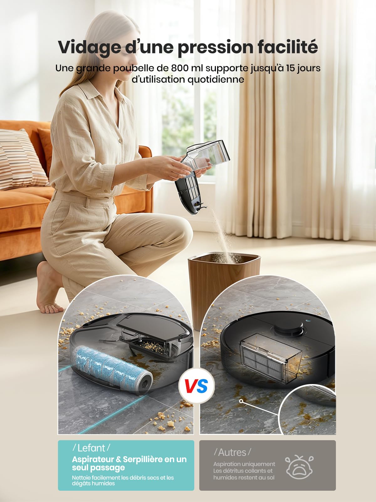 Lefant M210 Pro Omni Robot Aspirateur Laveur, 20 000Pa d’Aspiration, Boîte à Poussière 800ml, Mini Robot Aspirateur à Rouleau 28cm avec Nettoyage Automatique Instantané, WiFi 5G/APP/Alexa