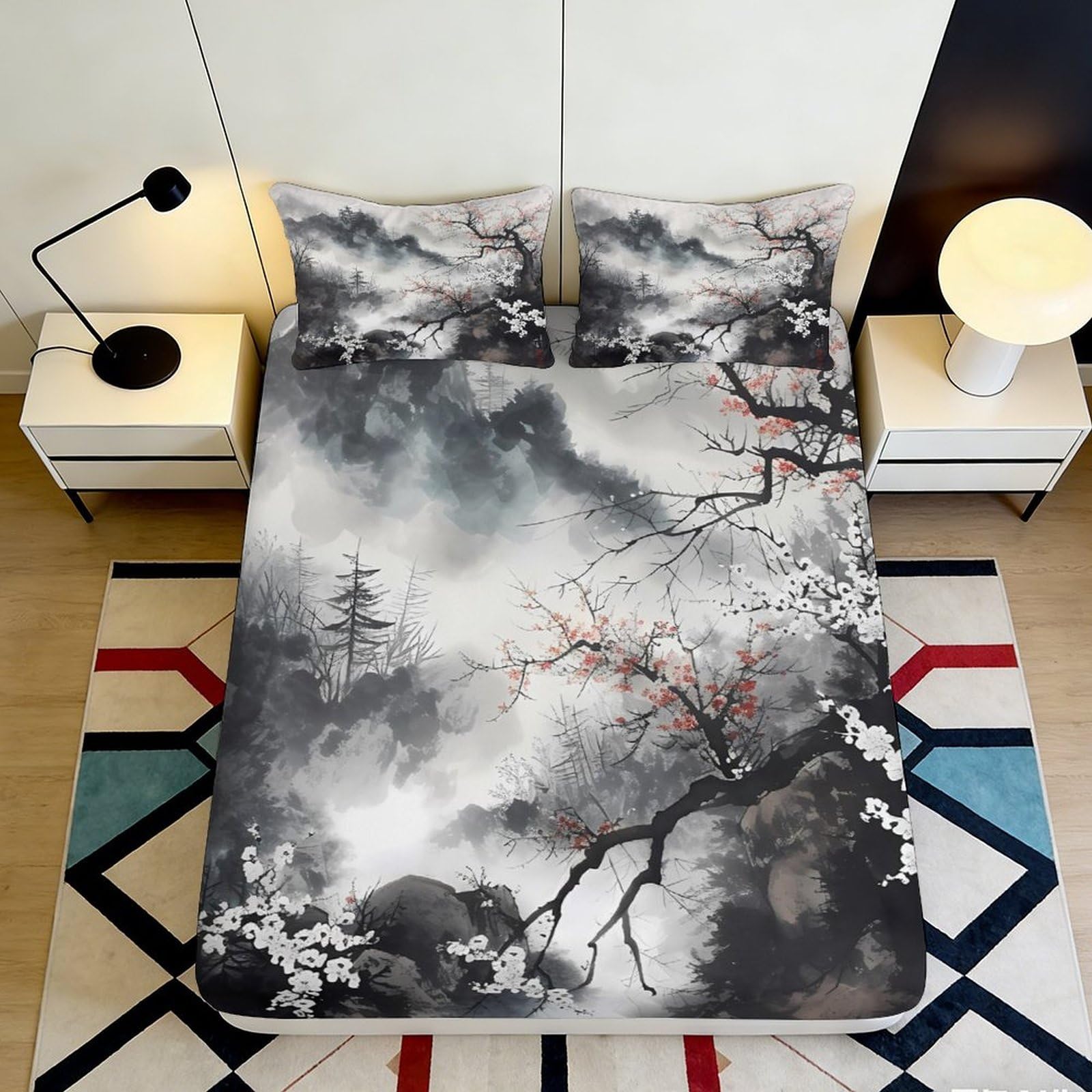 3D Printed Landscape Fitted Sheet Microfiber Deep Pocket Bedroom Bedding Landscape Mattress Fitted Cover Non-Slip Washable for Adults Teens 200x200x25cm