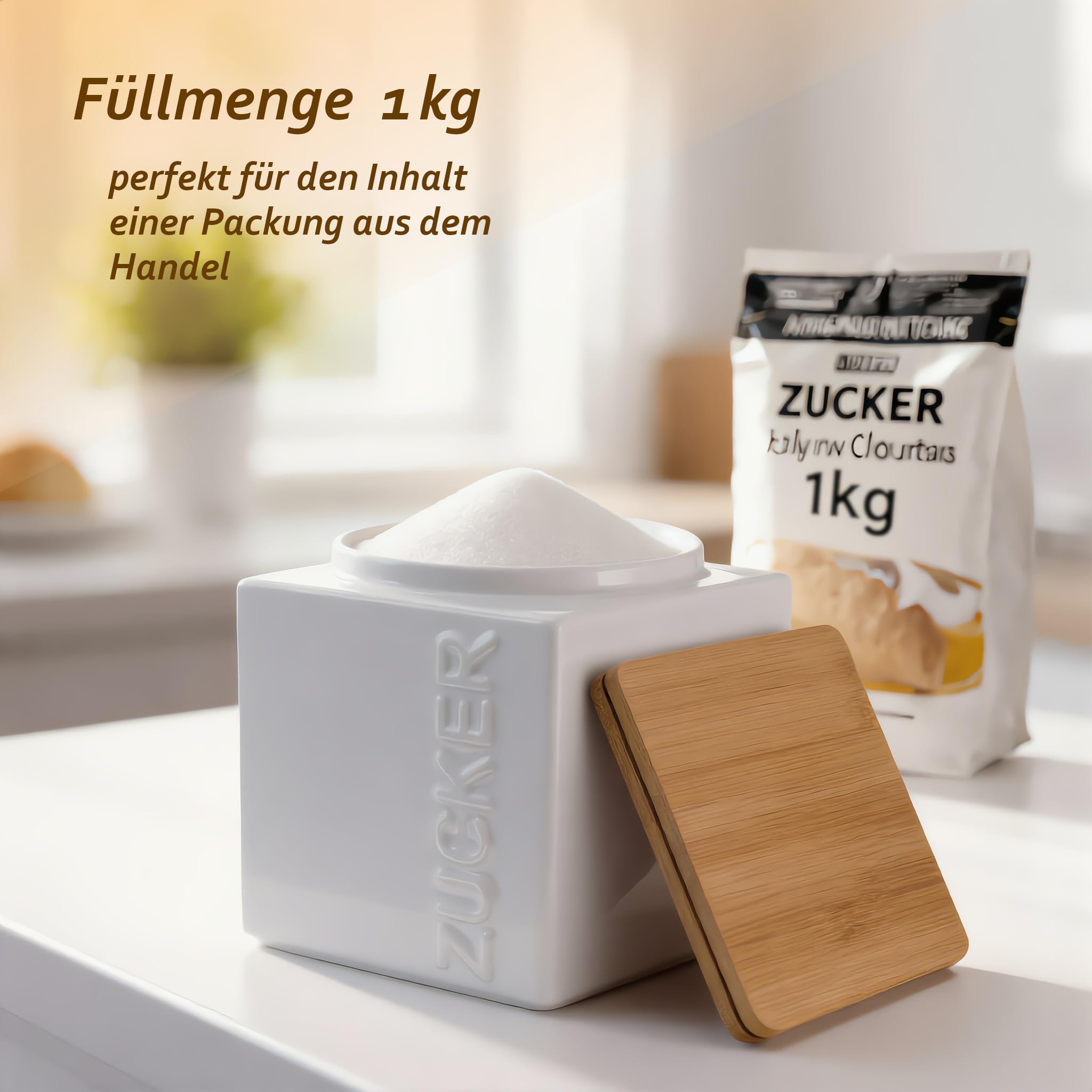 Zuckerdose luftdicht 1kg – Keramik Zuckerbehälter inkl. Bambus Messlöffel - Bambusdeckel für lange Haltbarkeit - eckig & platzsparend stapelbar - Weiß & Anthrazit