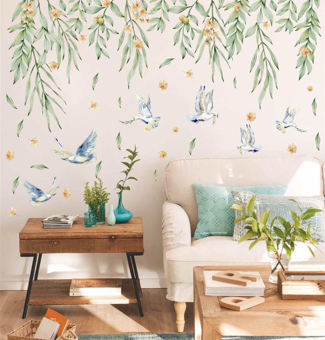MXAEUK Hanging Green Leaves Wall Decal, Watercolor Botanical Vine with Birds Flower Vinyl Wall Stickers