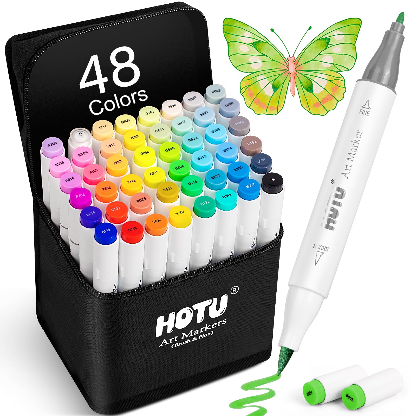 HOTU 48-color alcohol markers with brush and fine tips and anti-bleeding pad