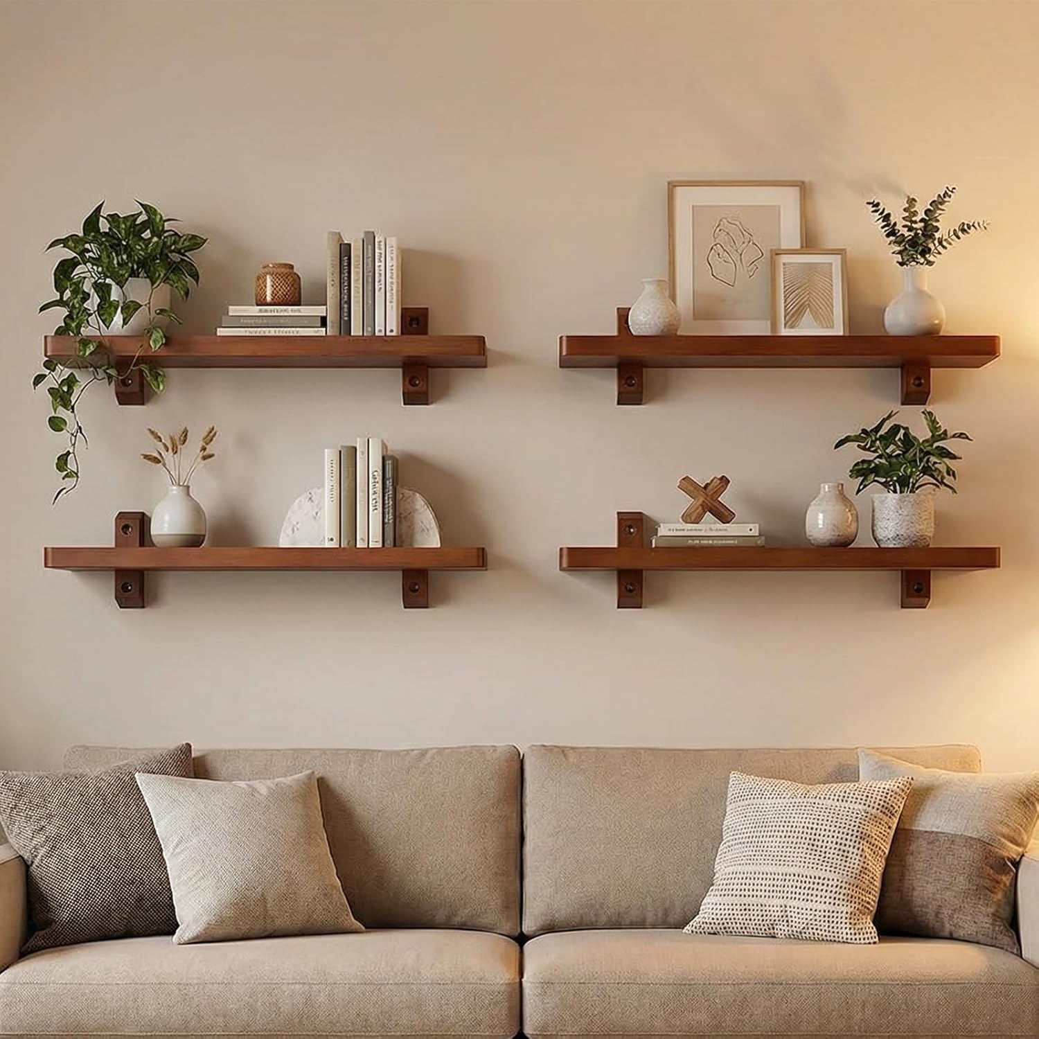 Sheesham Wood Wall Mounted Shelves Set of 4 | Solid Wooden Floating Display Racks for Living Room Décor & Storage | Modern Wall Organizer Shelves for Home & Office (23 * 4 * 1 INCH)-image-19