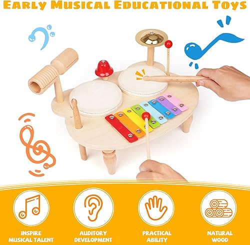 Miniatura 3 de Juego de batería para niños pequeños, instrumentos musicales Montessori, juguete de xilófono de madera, kit de juguetes musicales, mesa musical,