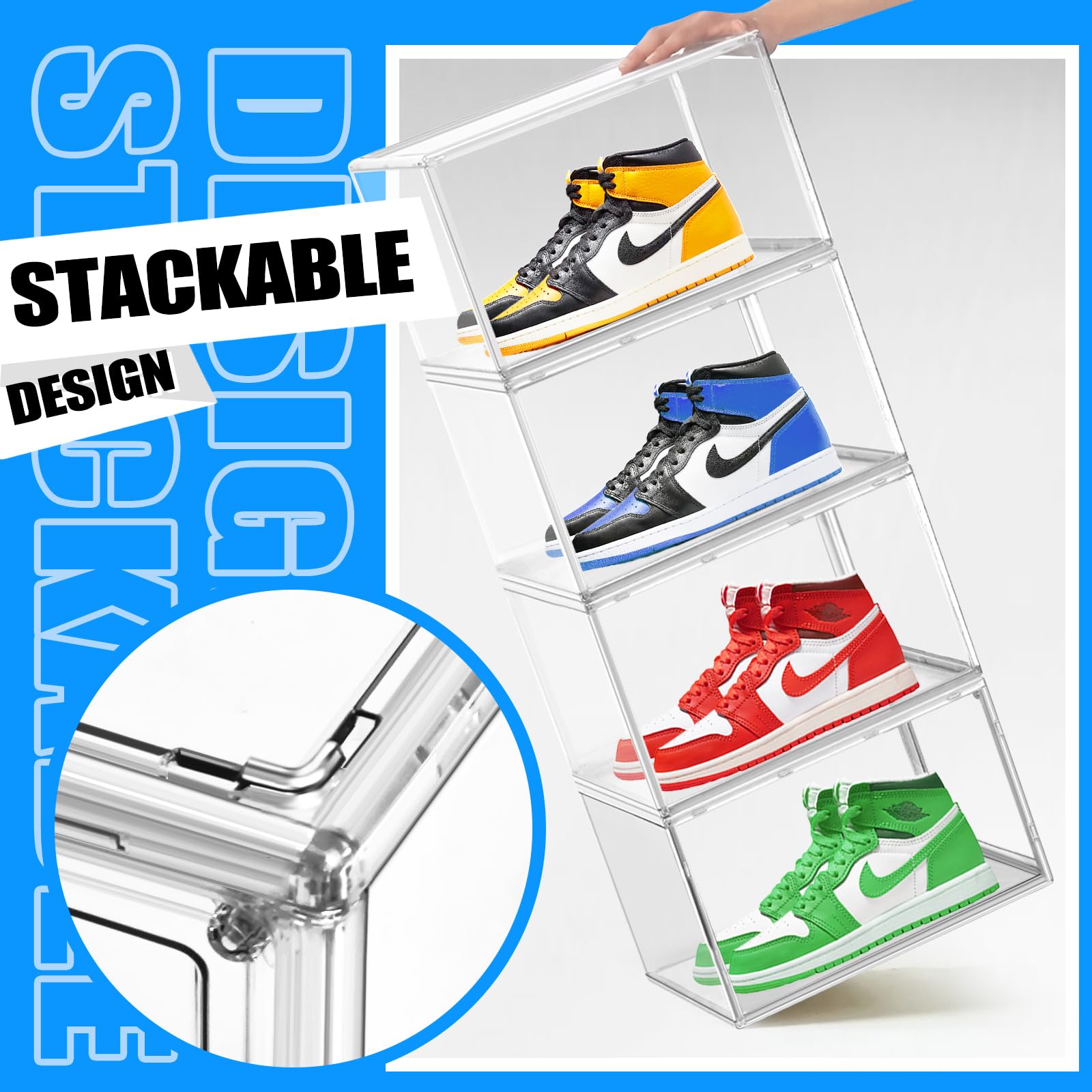 EDS FAM 10 Pack Upgraded Shoe Storage Organizer Clear Plastic Stackable Box with Magnetic Door Sturdy Shoe Containers for Sneaker Display Fit Up to US Size 12