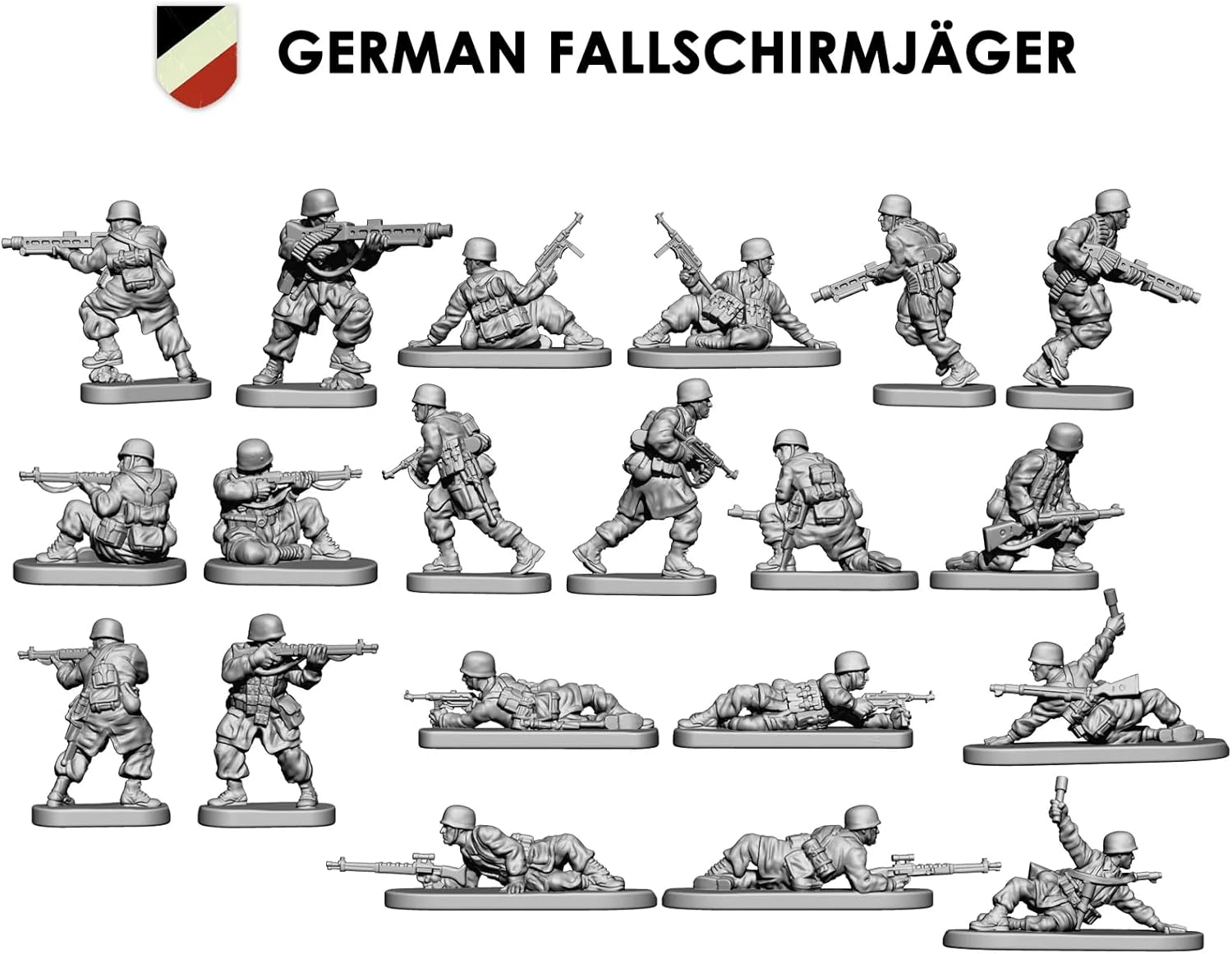 Wargames Delivered - Victrix 12mm Scale German Fallschirmjaeger Miniatures with Bonus Miniature STL Download – 196 WWII Miniatures with MG42, Panzerschreck, Mortar, HQ Figure - Ideal for Tabletop Game