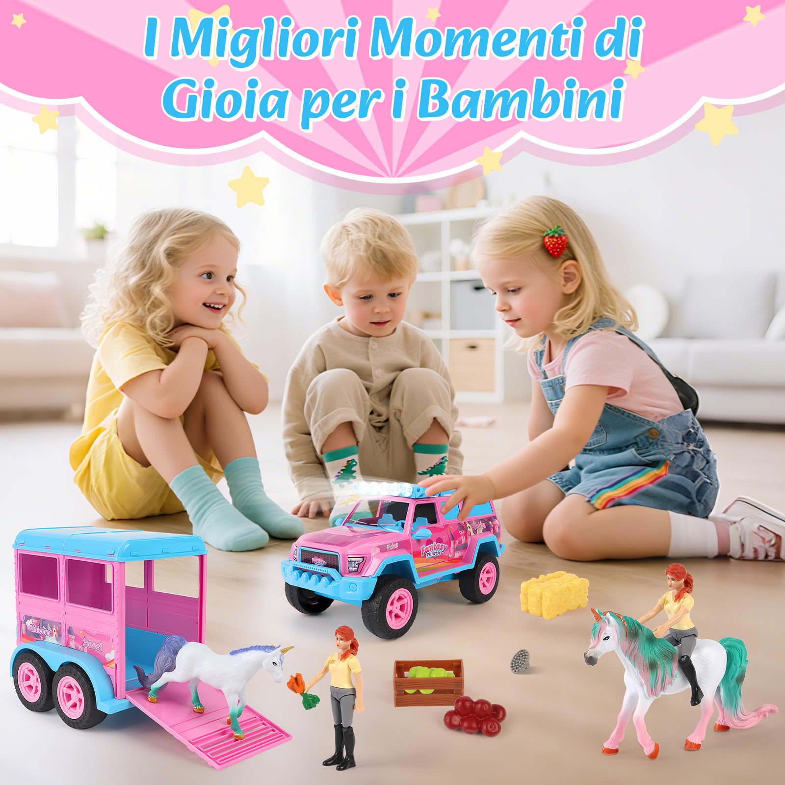 Charmofun Giocattolo Rimorchio per Cavalli, Trasportatore di Cavalli con Suoni e Luci (incl. Auto, Personaggio, 2 Unicorni, 8 Accessori), Giocattolo per Cavalli per Bambini dai 3 Anni in Su