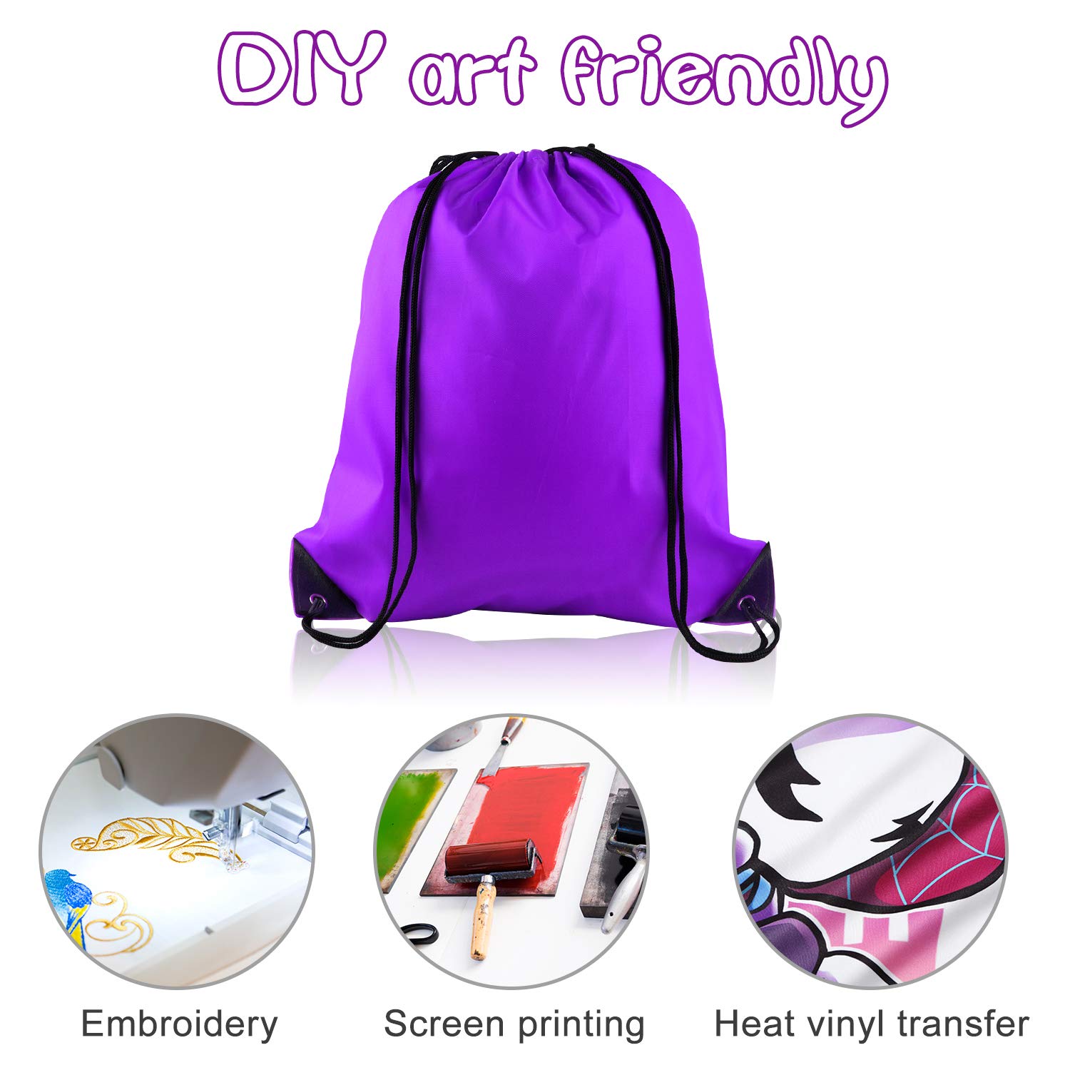 TBF (12 Pack) Set Of 12 Durable Polyester Drawstring Backpack Bags With Front Zipper Pocket 15" W X 18" H (Black) | Drawstring Bags