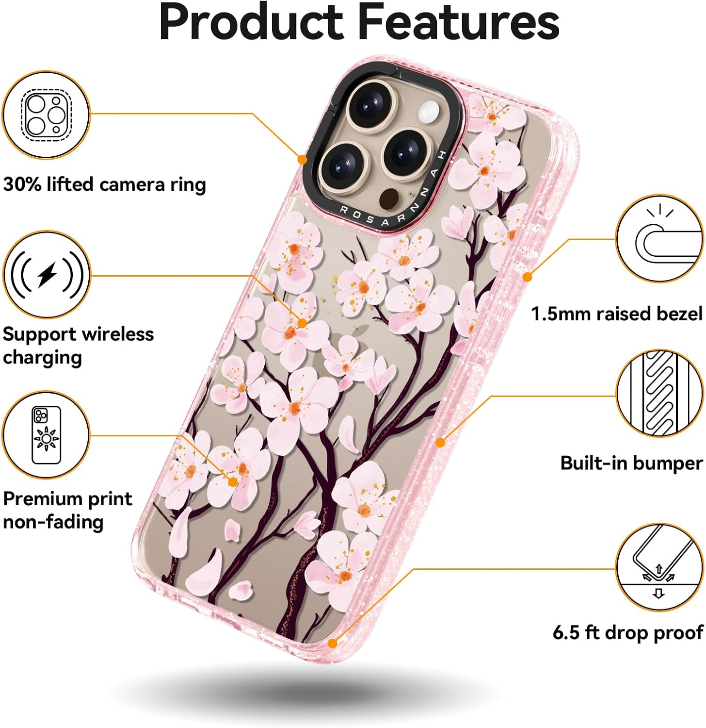 Rosarnnah for iPhone 16 Pro Max Case Cute - Durable Shockproof 6.6 ft Drop Impact Phone Case - Funny Cherry Blossom Design (6.9") Glitter Pink