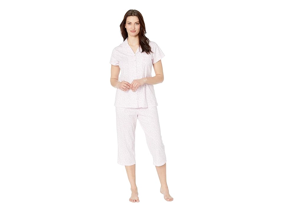 

Eileen West Cotton Jersey Notch Collar Pajama Set (White Rose Leaf Print) Women's Pajama Sets