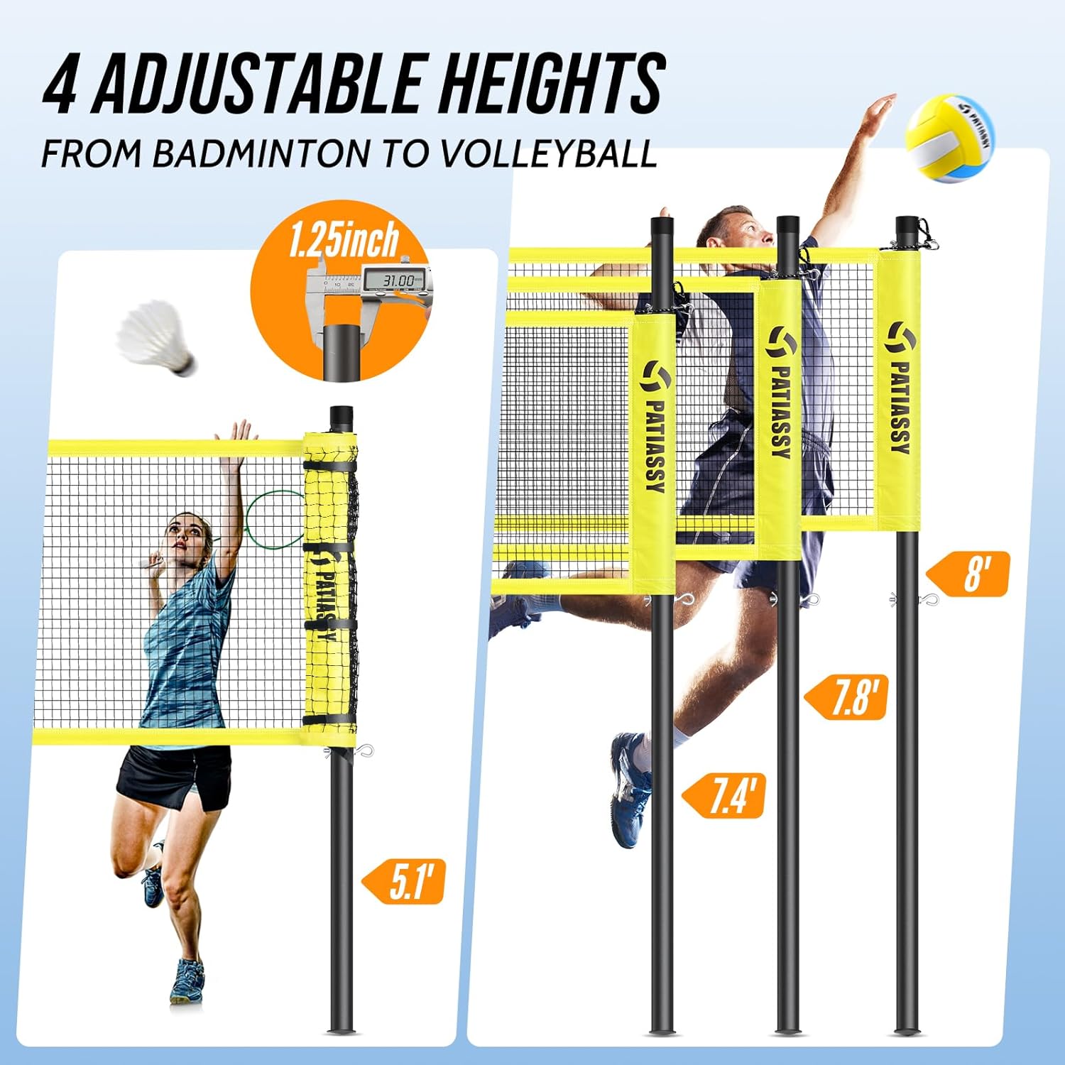 Volleyball Badminton Net Set Combo for Backyard Beach, 2-in-1 Adjustable Net with 4 Heights (5.1–8FT) & 3 Widths (20–32FT), 4 Aluminum Rackets, Goose Feather Shuttlecocks, Volleyball & Carrying Bag