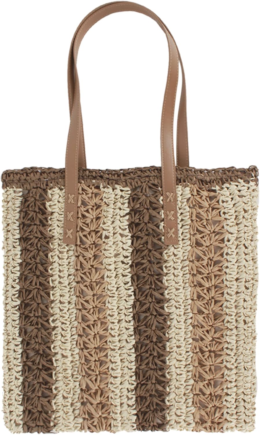 Women Large Vertical Stripes Straw Woven Shoulder Bag Bohemian Beach Travel Top-handle Bag Tote