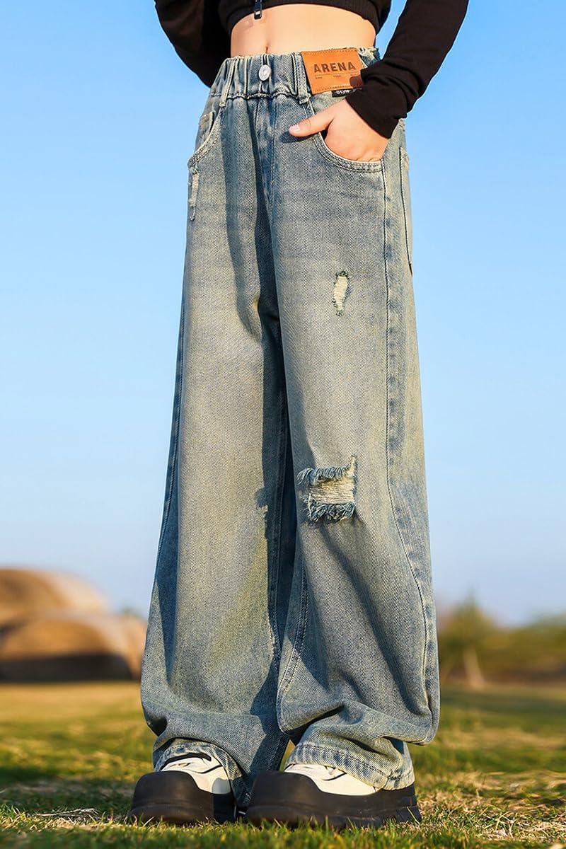 NABER Kids Girls Elastic Waist Cool Ripped Jeans Washed Denim Wide Leg Ripped Denim Jean Age 5-15 Years - Image 2