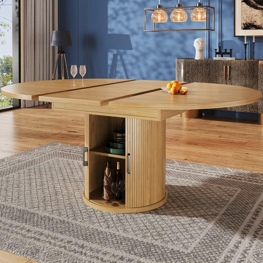 Table à manger ronde extensible 118-158 cm avec rangement naturel