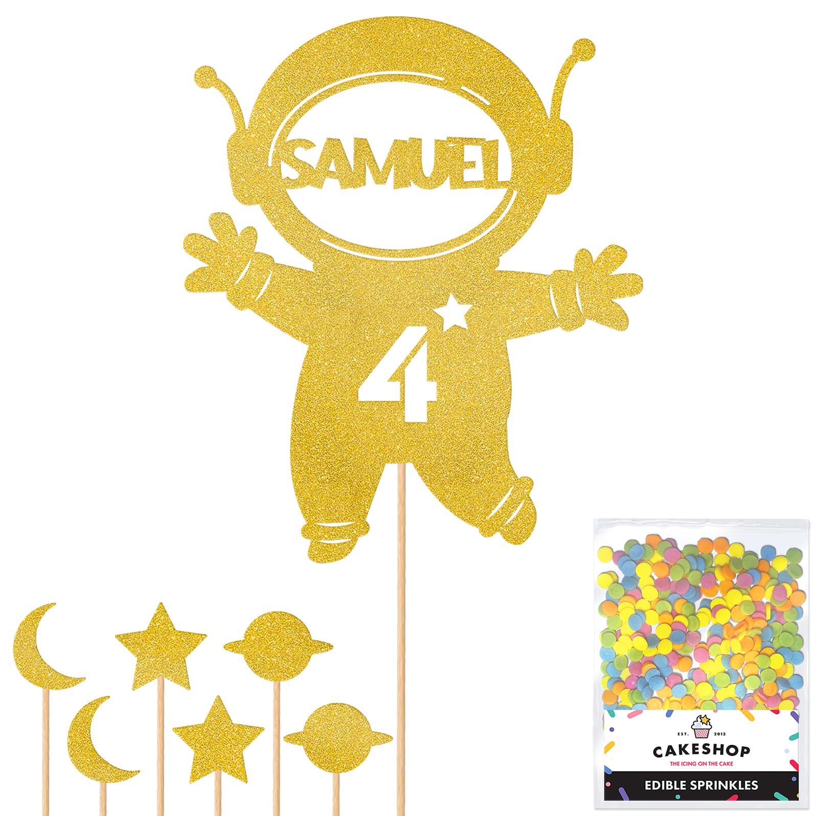 Personalised Spaceman Astronaut Glitter Cake Topper- Gold Any Custom Age & Name Glitter Cake Decoration and Sprinkles - Happy Birthday Decorations - Personalised Toppers for Cakes by Cakeshop