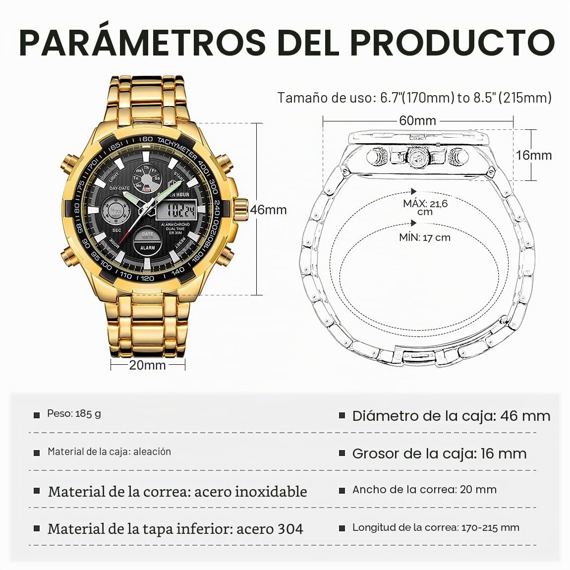 Affute Reloj Deportivo de Pulsera analógico y Digital de Cuarzo para Hombre, cronógrafo, Esfera Grande, Acero Inoxidable, Resistente al Agua