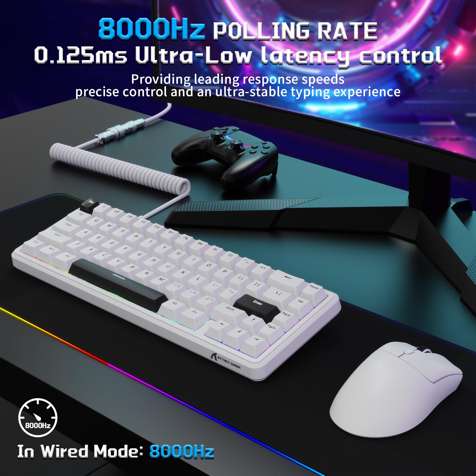 MAMBASNAKE x ATTACK SHARK Clavier Et Souris De Jeu Filaires, 59g Souris Sans Fil Superlight PAW3311, Mini Clavier Magnétique à Déclenchement Rapide 65% Avec Câble Spiralé 8Khz, QWERTY Pour PC -Blanc
